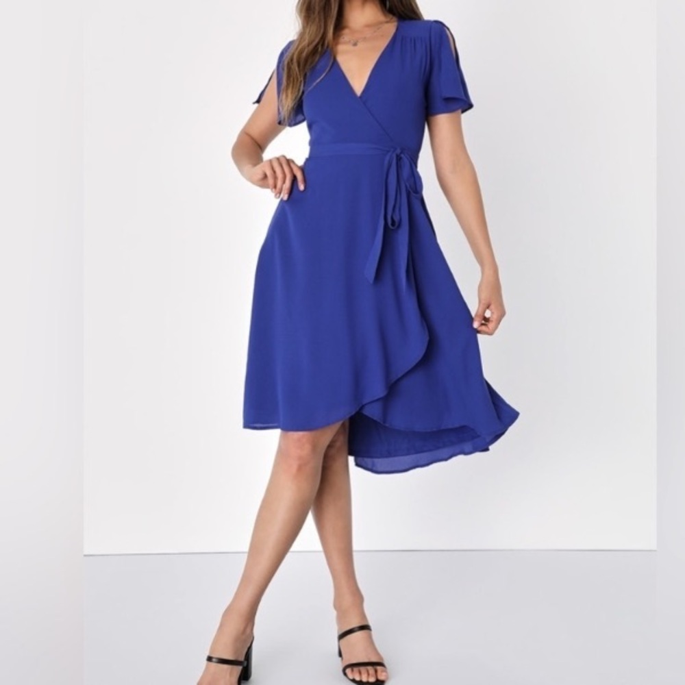Lulus Rise to the Occasion Royal Blue Midi Wrap Dress